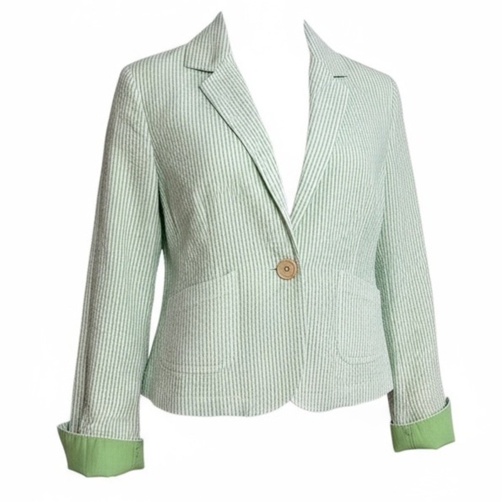 Periscope Women’s Vintage Blazer Size Large Seersucker Green Striped